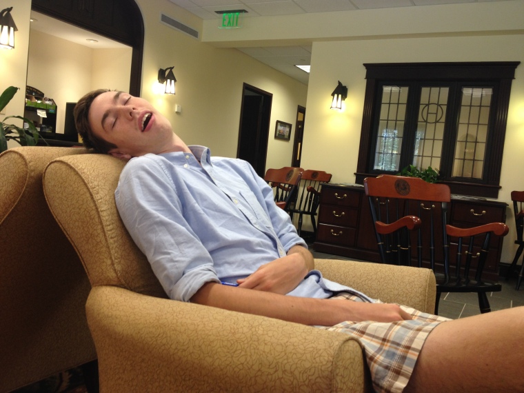 H. napping at one of the colleges we visited. He is an excellent napper.  